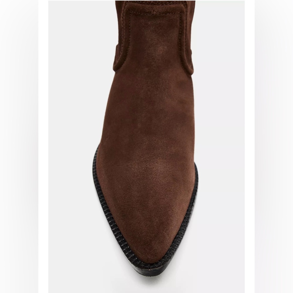 ZARA SPLIT LEATHER HEELED COWBOY BOOTS Brown Suede Knee-High Boots - Picture 6 of 12